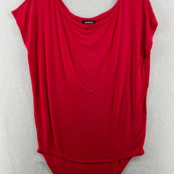 Express Top Women's Sz XS Red Round Neck Short Sleeve Stretch Long Back Pullover - Picture 5 of 11